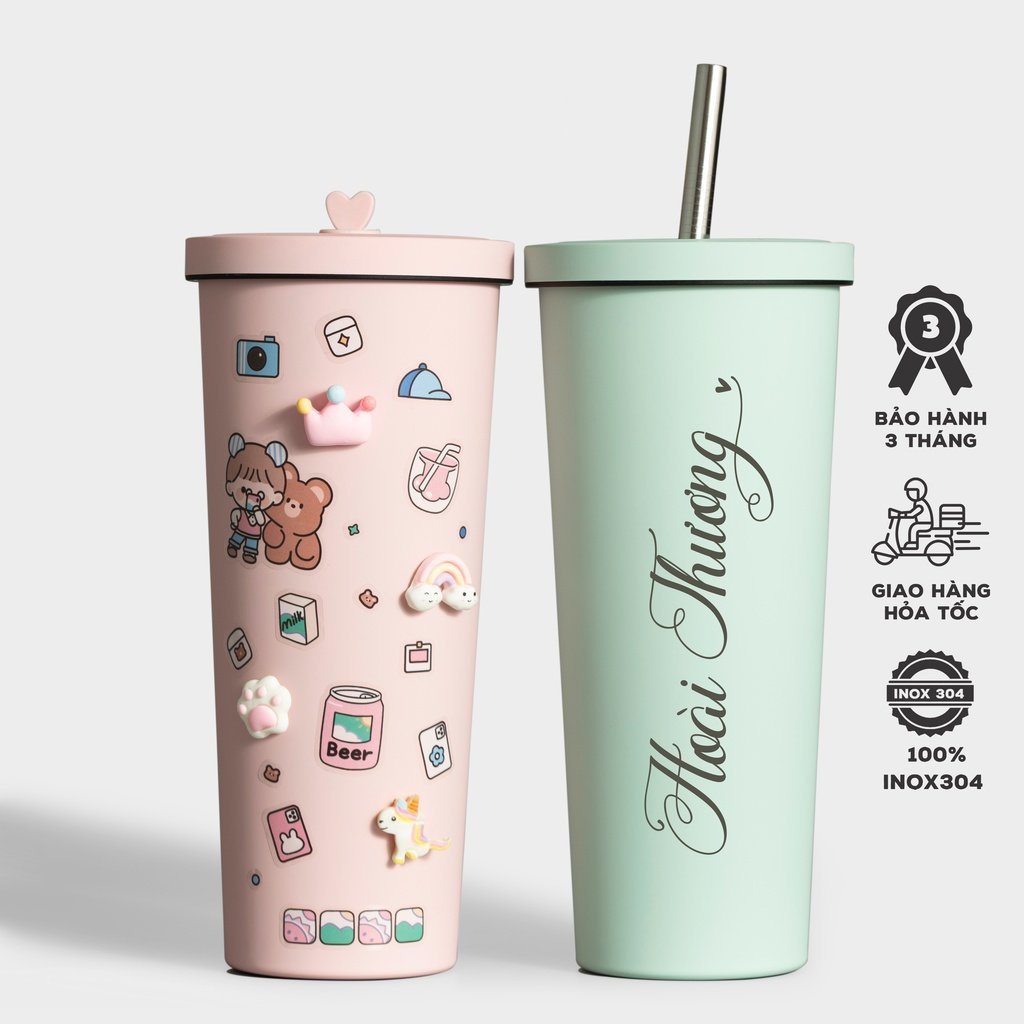 Ly giữ nhiệt Pastel khắc tên, cốc giữ nhiệt cao cấp 800ml inox 304, bình nước khắc tên tặng sticker, ống hút K9