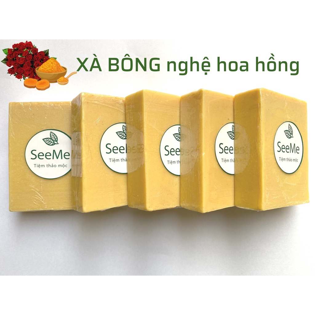 Xà Bông Nghệ Hoa Hồng Thảo Mộc Handmade Dùng Để Tắm Rửa Mặt Dưỡng Trắng Da Mờ Vết Thâm Nám - Tặng Kèm Túi Lưới Tạo Bọt