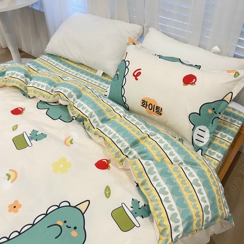 Chăn ga gối Emmibedding chất liệu cotton poly họa tiết khủng long nhật đáng yêu đủ size miễn phí bo chun