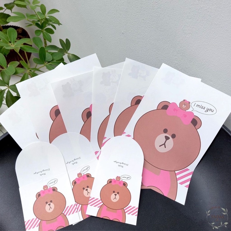 Giấy viết thư, viết thiệp kèm phong thư siêu xinh mẫu Gấu Brown Choco Line