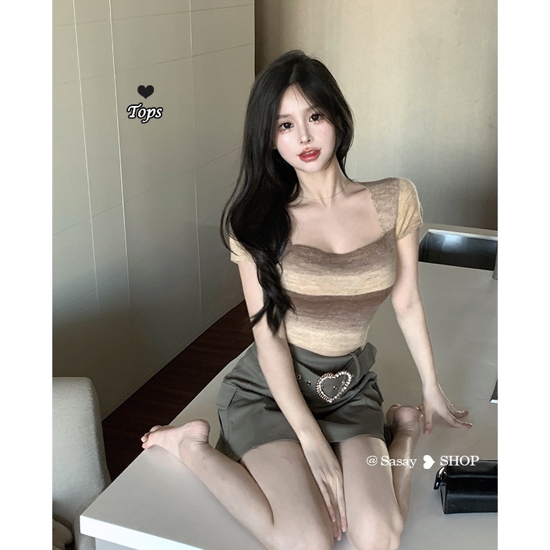 QADCOL  Áo Thun Dệt Kim Tay Ngắn Cổ Vuông Dáng Ôm Họa Tiết Kẻ Sọc Thời Trang Mùa Hè Quyến Rũ Cho Nữ