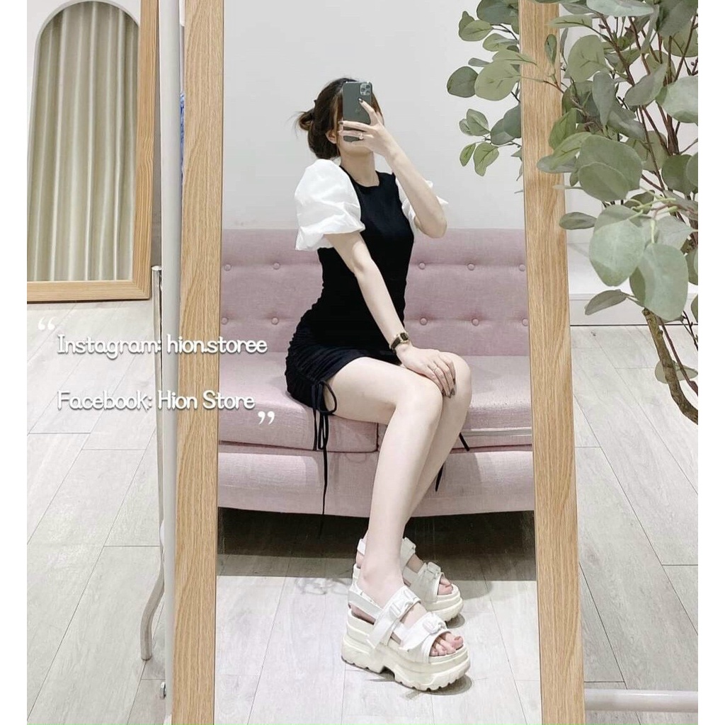 Đầm Nữ Body Cổ Tròn Tay Phồng Phối Voan Cực Xinh Họa Tiết Rút Dây Bên Sườn Dễ Thương