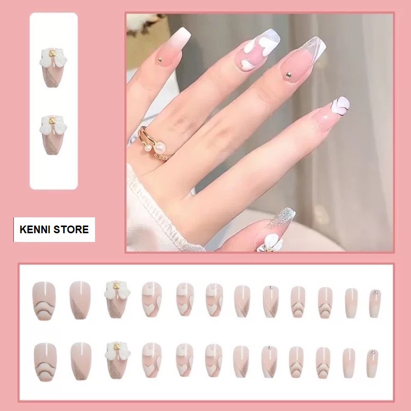 Bộ 24 móng tay giả đính đá nơ họa tiết tim  SẴN KEO DÁN