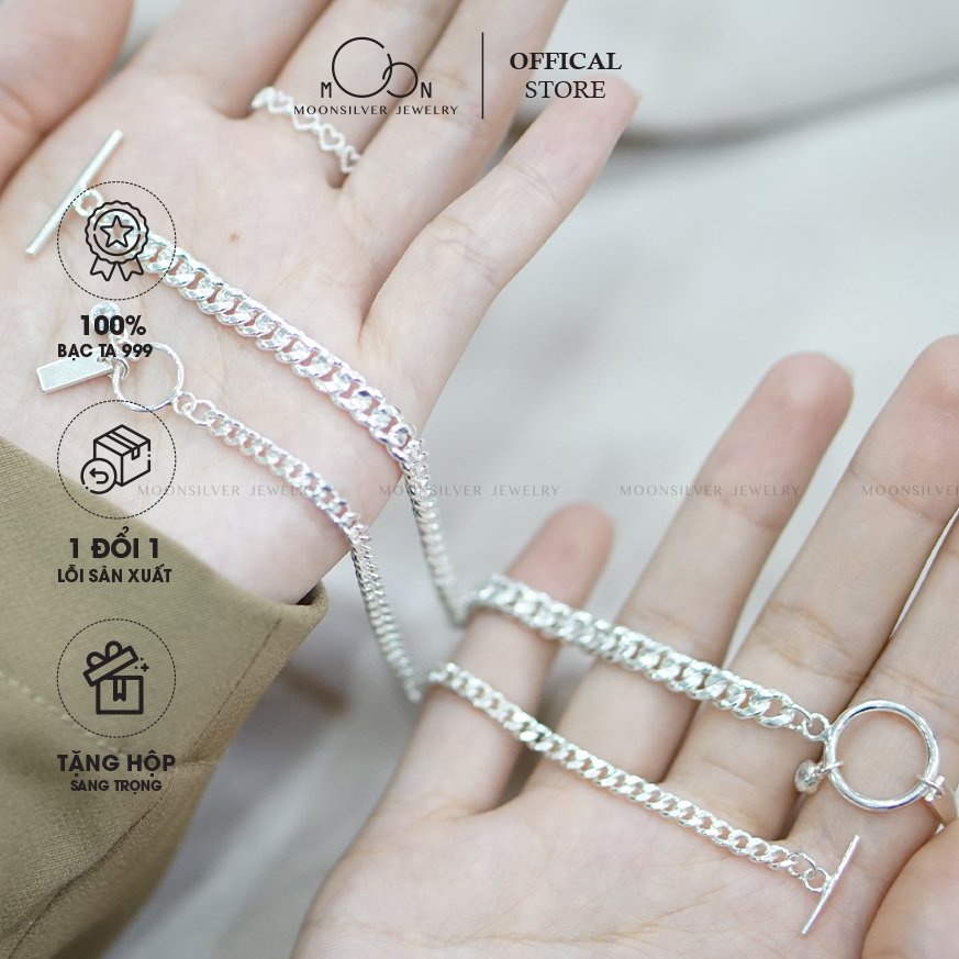 Vòng tay đôi Bạc  Lắc đôi Bạc 999_ móc khóa tròn thanh ngang Moonsilver