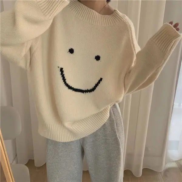 Áo Sweater Dáng Rộng In Hình Mặt Cười Dễ Thương Phong Cách Hàn Quốc Thời Trang Mùa Đông Cho Nữ