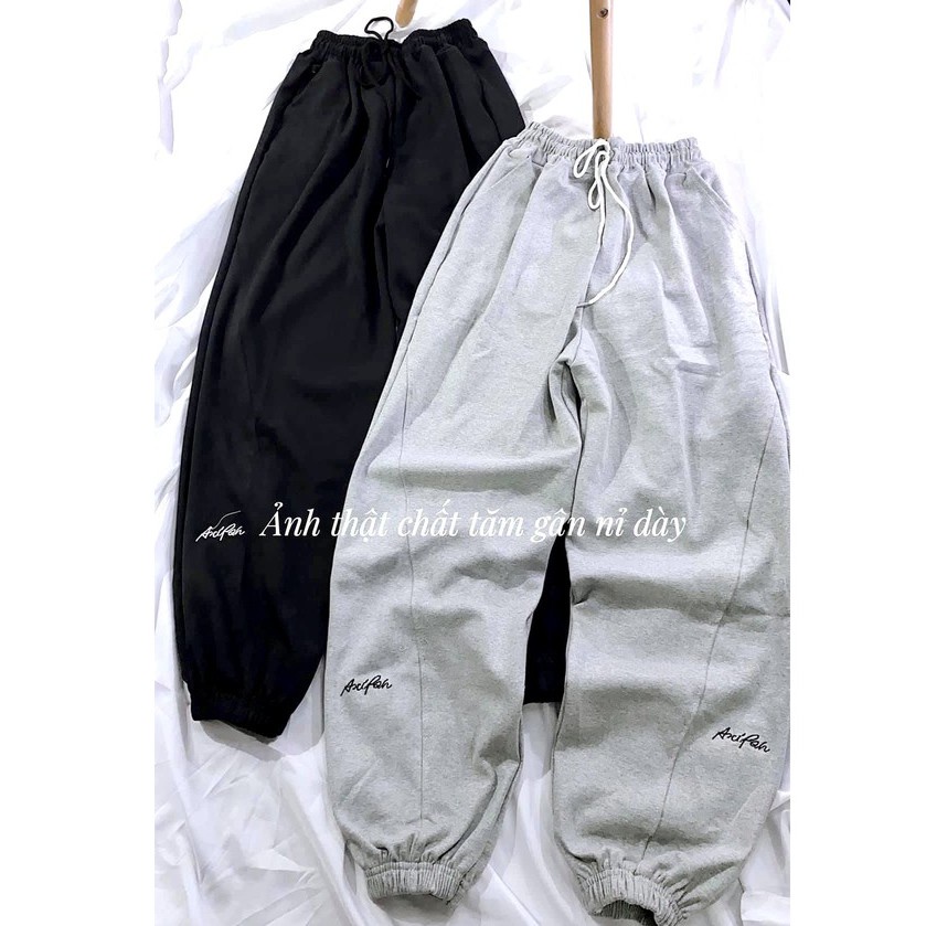 Quần jogger nữ bom bo gấu dài chất nỉ dày dặn mặc mùa thu đông thêu chữ form rộng unisex kiểu màu xám đen