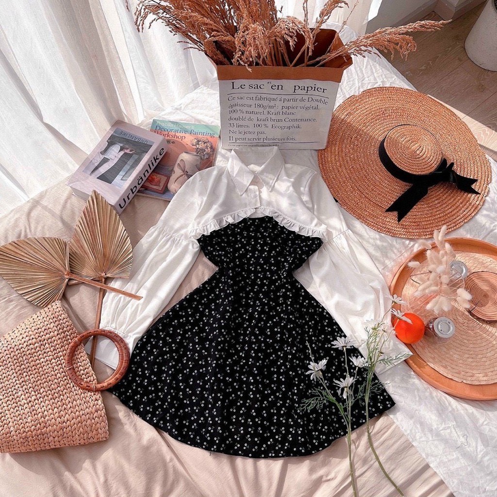 Set Váy Hai Dây Hoa Kết Hợp Cùng Áo Sơ Mi Croptop-Style Đầm Đang Hot Diện Lên Cực Sang Chảnh, Tôn Dáng