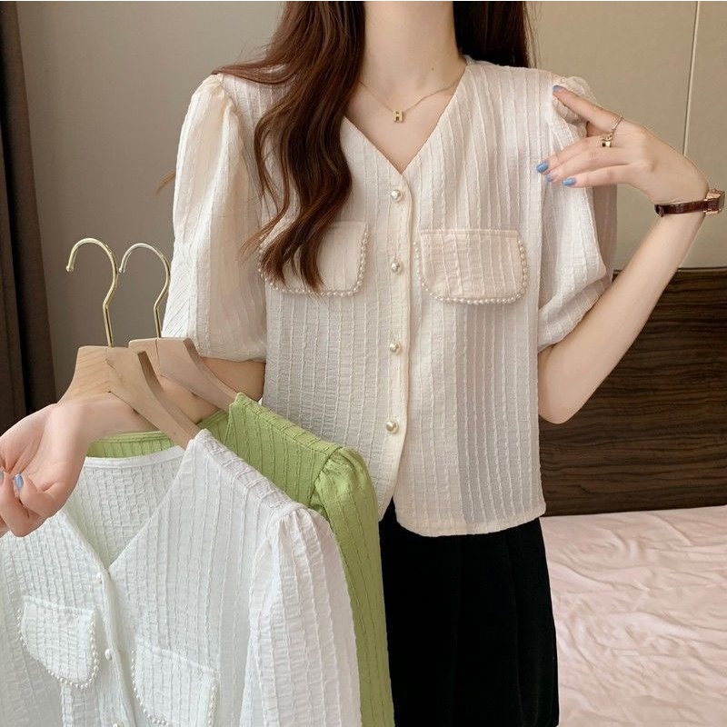 Áo Sơ Mi Ngắn Tay Cổ Chữ V Đính Ngọc Trai Thời Trang Mùa Hè Mới