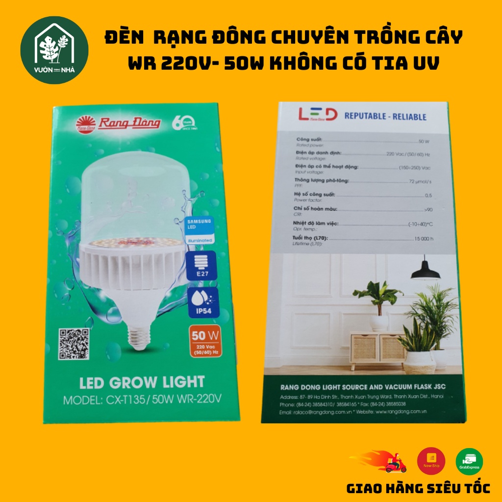Đèn Led trồng cây Rạng Đông 50W 220V có UV, đèn quang hợp cho cây trong nhà, kích thích tăng trưởng