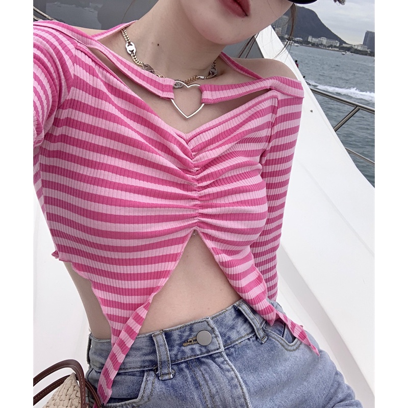 Áo Thun Tay Dài Cổ Yếm Họa Tiết Kẻ Sọc Thời Trang Quyến Rũ Cho Nữ