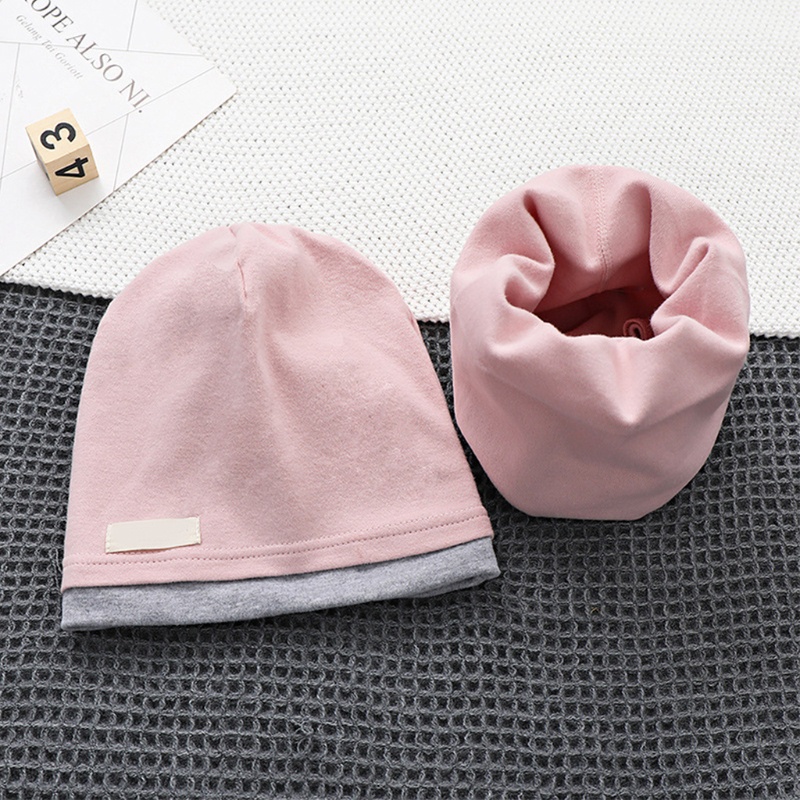 Mũ Beanie Kèm Khăn Choàng Cổ Bằng Cotton Màu Trơn Dễ Thương Cho Người Lớn Và Trẻ Em