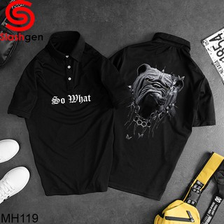 Áo Thun Nam Có Cổ MH119 Polo Đen Chó Bull Hút Thuốc Đeo Tay Đấm Sau Lưng Chữ So What Trước Ngực [40kg-110kg]