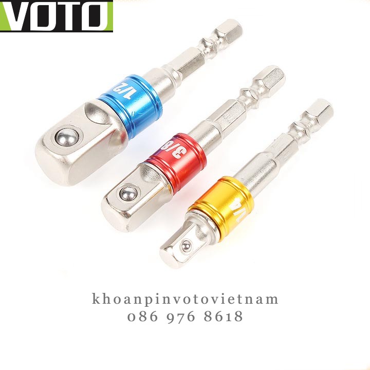 Bộ 3 đầu chuyển đổi thân lục giác sang bulong 1/4, 3/8, 1/2 inch màu bạc nhiều màu Voto