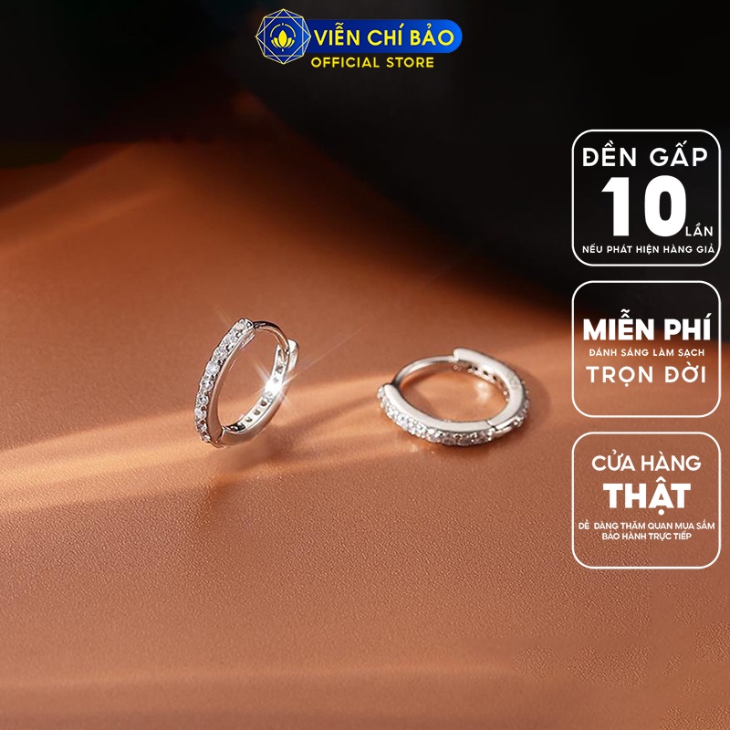 Bông tai bạc nữ hình vòng tròn đính đá Basic 14mm bạc 925 thời trang phụ kiện trang sức nữ Viễn Chí Bảo B400072x