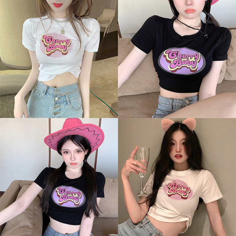 Áo Thun Croptop Tay Ngắn Cổ Tròn In Họa Tiết Ngọt Ngào Phong Cách Hàn Quốc Thời Trang Mùa Hè Cho Nữ