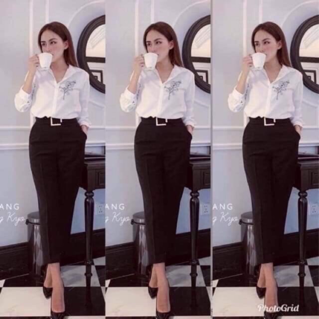Quần vải nữ baggyQuần tây công sở tuyết mưa khóa sườn cạp cao phối đai vuông có big size