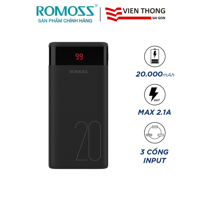 Pin sạc dự phòng Ares 20 20000mAh Romoss hỗ trợ 3 chân sạc