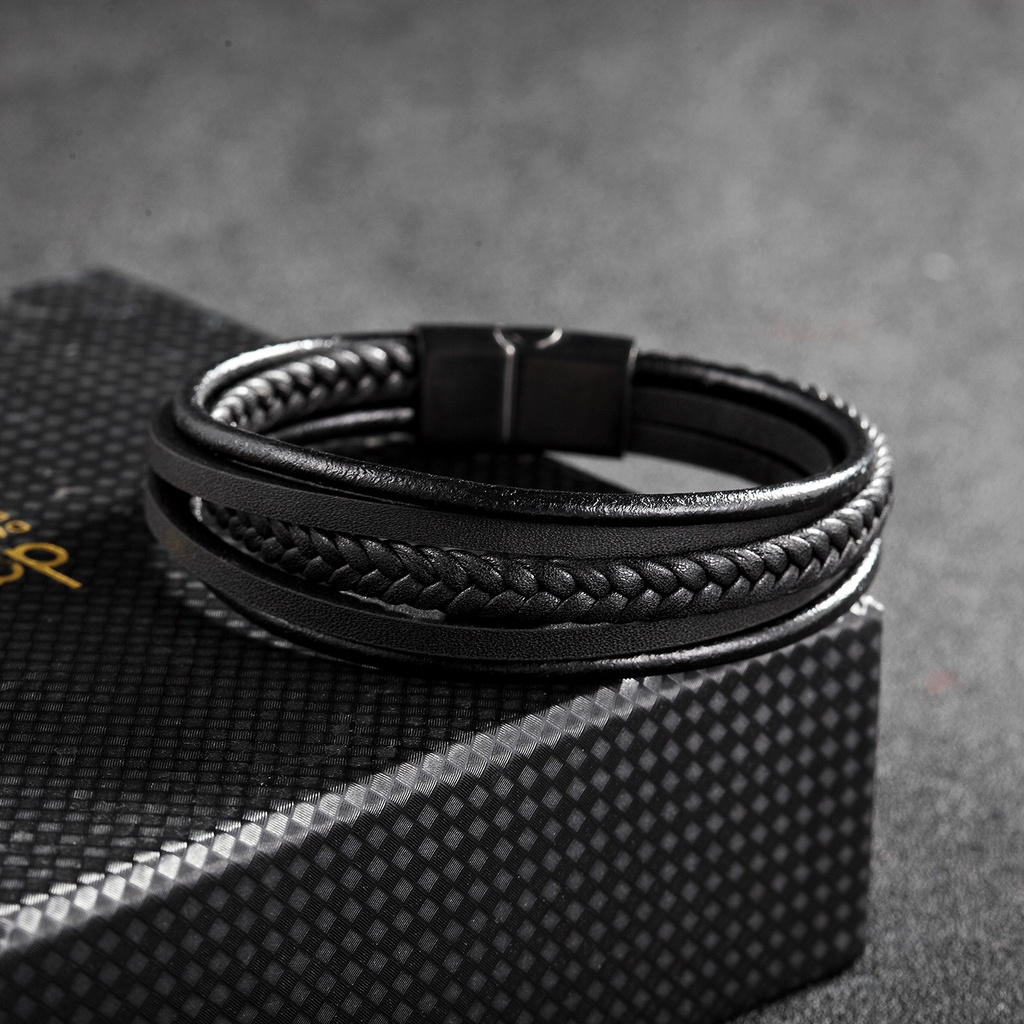 Vòng Tay Nam Lắc Tay Unisex Leather Thời Trang Vòng Tay Nam Nữ Punstore Màu Đen Da Cao Cấp - Vòng Leather