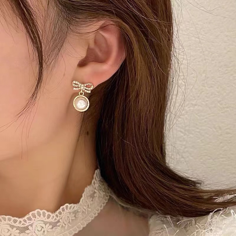 S925 Bông tai ngọc trai Bông tai bạc Nơ Bông tai tròn Bông tai thời trang Phụ kiện Trang sức Quà tặng