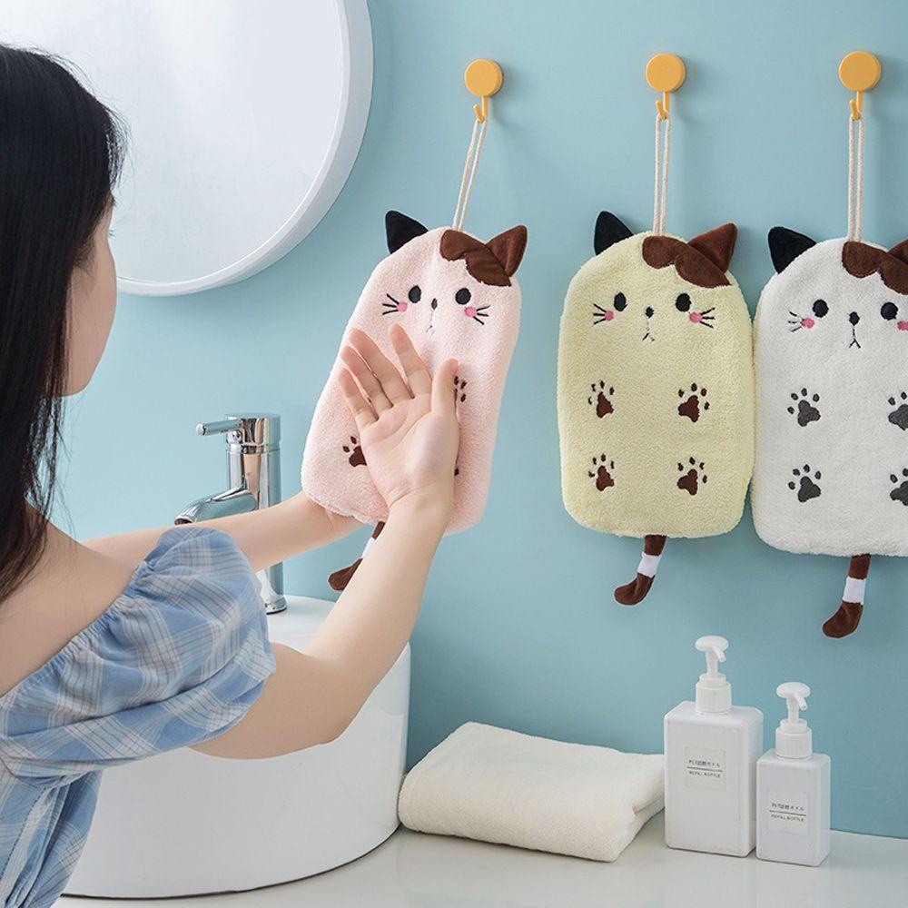 Khăn Lau Tay Vải Nhung San Hô Thêu Họa Tiết Dễ Thương Treo Tường Tiện Dụng Cho Nhà Tắm