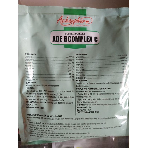 ADE BCOMLEX-C BỘT HO.À TAN BỔ SUNG DINH DƯỠNG, GIA TĂNG ĐỀ KHÁNG, GIẢM BỆNH TẬT CHO GIA CẦM GIA SÚC GÓI 1KÝ