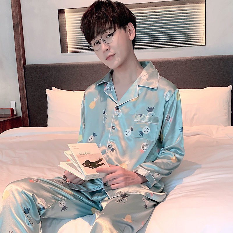 đồ ngủ pyjama nam Spring and Autumn ice silk phần dài tay mỏng cộng với chất béo và size in dễ thương hoạt hình m