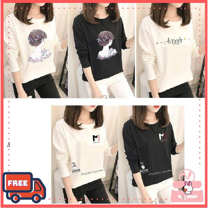 Áo Nữ Dài Tay Cổ Tròn In Hình Cô Gái Chất Thun Cotton CO Giãn 4 Chiều Hàng QUảng Châu Loại 1 Không Bai Nhão Không Xù
