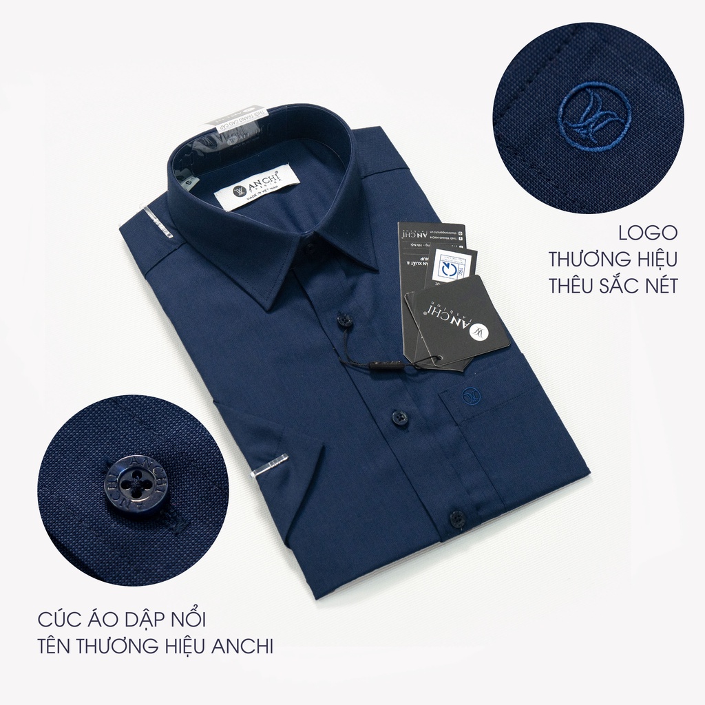 Áo Sơ Mi Nam Ngắn Tay Trung Niên ANCHI Màu Xanh Than Trơn Vải Sợi Tre Cao Cấp