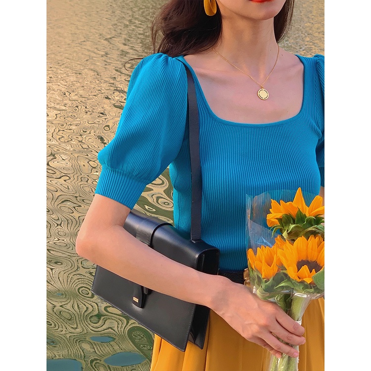 Áo thun bằng vải dệt kim tay ngắn phồng cổ vuông màu sắc cổ điển thời trang mùa hè cho nữ