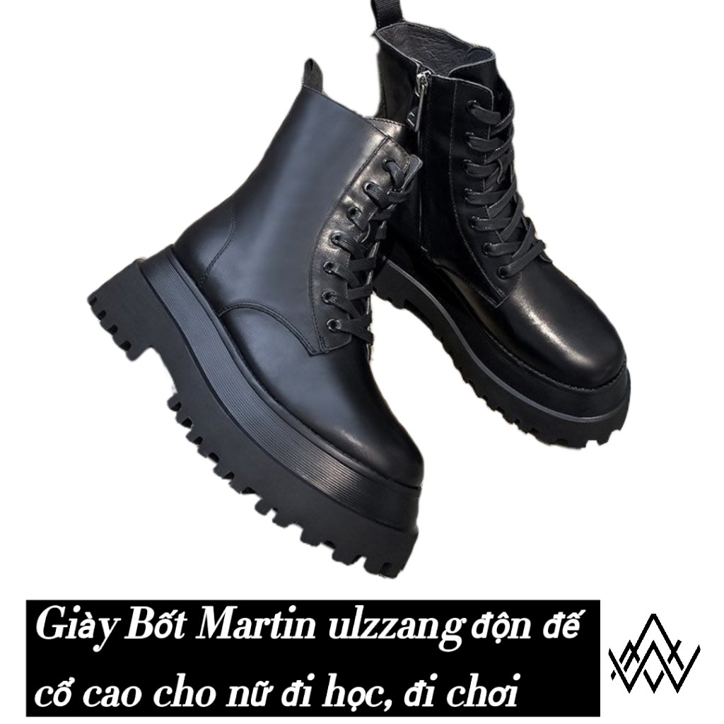 Giày boots da Martin ulzzang độn đế 2 tầng lớp cổ cao , có khoá kéo cho nữ đi học,đi chơi