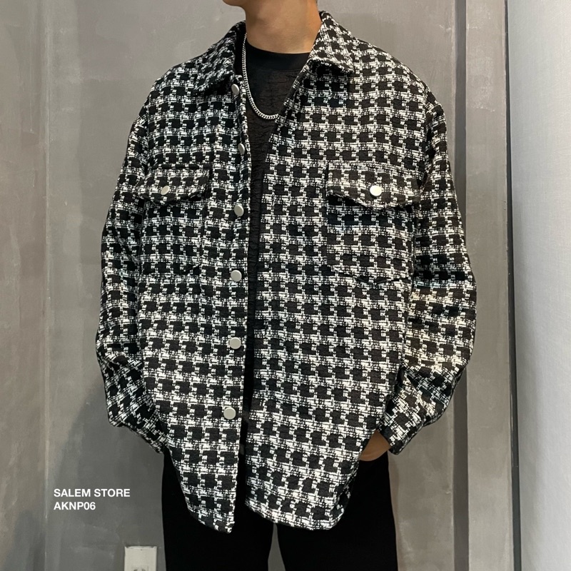 Áo khoác Cổ Bẻ Vải Tweed Chất Dạ Họa Tiết 2 Túi Nắp Form Hàn Quốc