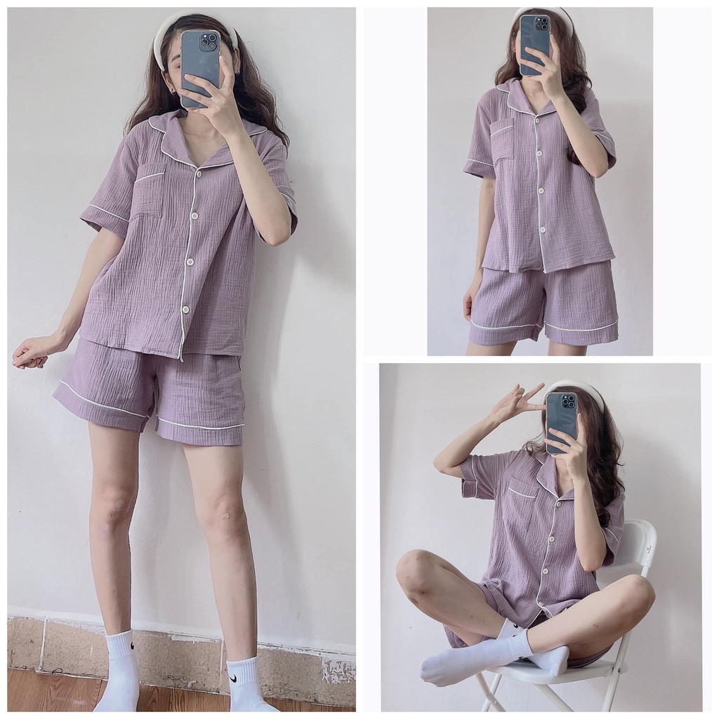 2101624 Set pijama hàn quốc set đồ ngủ basic màu pastel cho nữ ulzzang chất linen xốp mềm mát | BigBuy360 - bigbuy360.vn