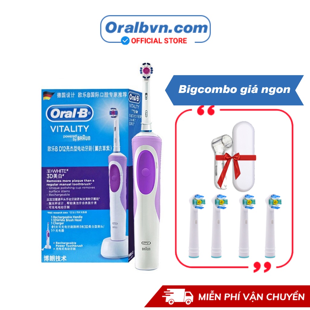 Bàn chải đánh răng điện tự động Oral-B D12 tím làm sạch răng, hạn chế viêm nướu