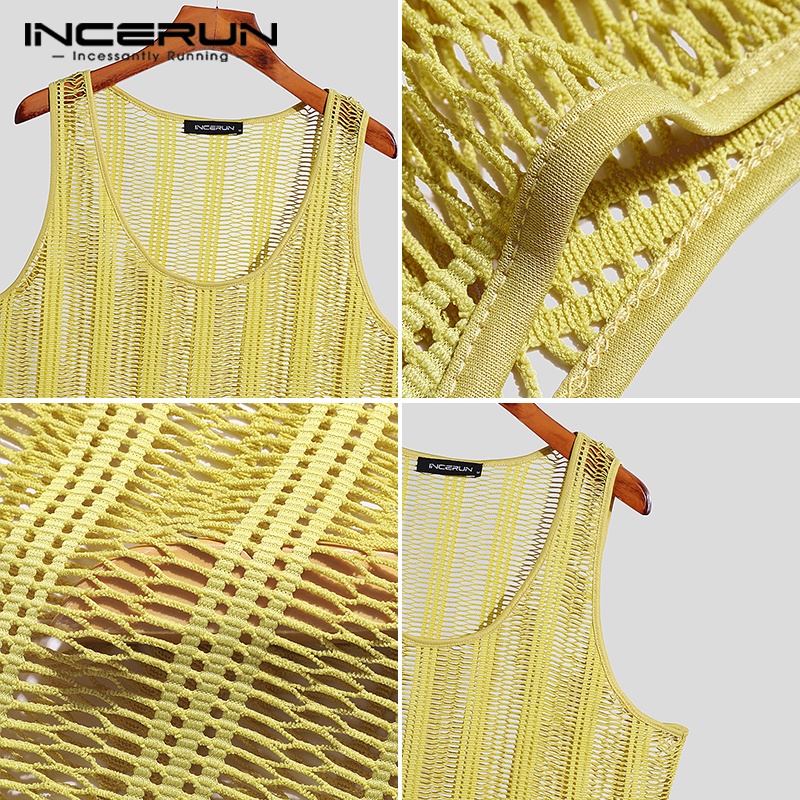 Áo lưới ba lỗ INCERUN xuyên thấu kẻ sọc nhiều màu sắc phong cách hippie cho nam