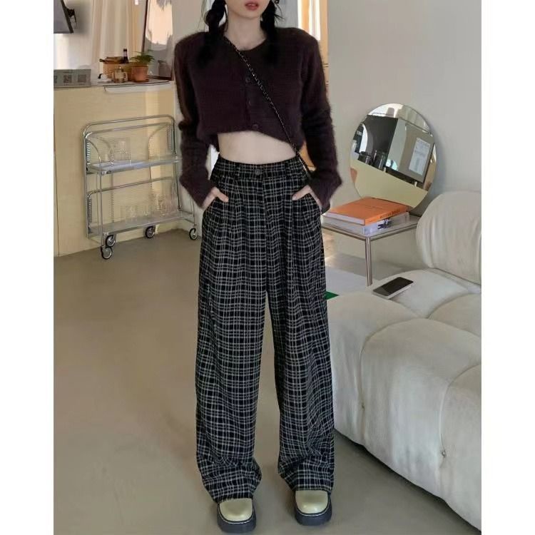 Quần Dài Lưng Cao Ống Rộng Họa Tiết Sọc Caro Phong Cách Retro Cho Nữ Sinh