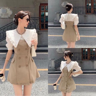V907 Váy kaki phối cổ sơ mi bèo, thiết kế dáng chữ A đính cúc chiết eo tỷ mỷ,  Váy công sơ thanh lịch