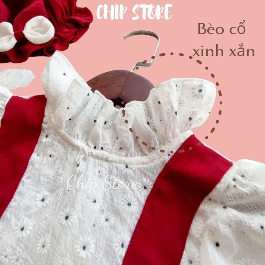 Body bé gái dài tay màu đỏ phối trắng CHIP STORE Set thu đông cho bé gái diện đầy tháng Noel, Tết siêu xinh BDTD