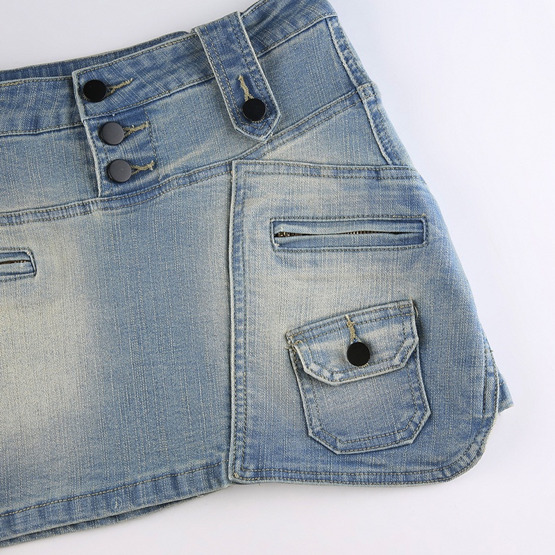Chân váy jean Lưng Cao Phối Khóa Kéo Phong Cách Retro Đường Phố Cá Tính