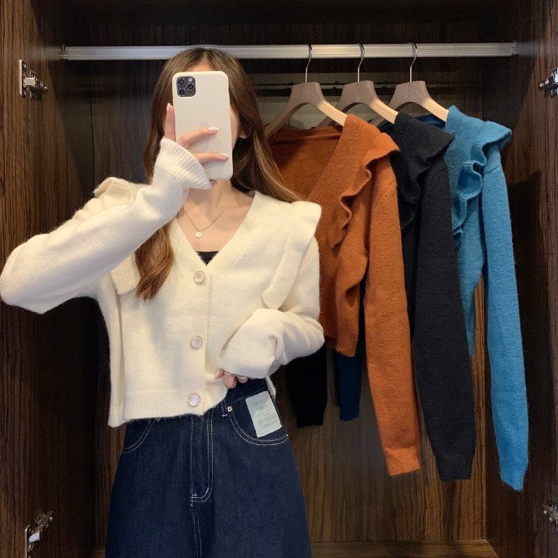 Áo cardigan dệt kim cổ chữ V tay dài nhún bèo thời trang mùa thu dễ phối đồ