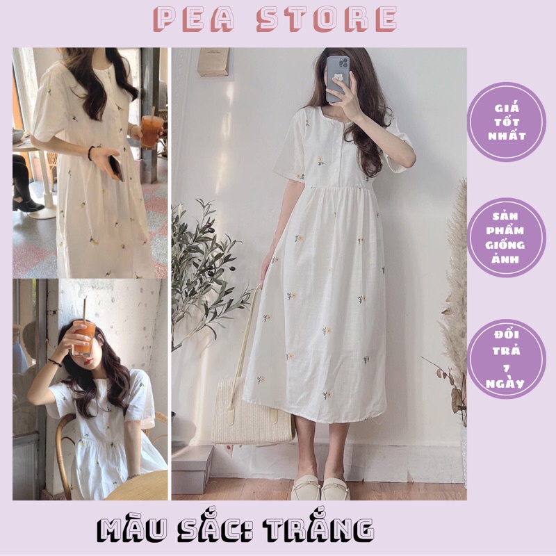 Váy Babydoll hoa cúc chất đũi thô xước/ Đầm váy dáng dài thêu hoa đũi xước thắt eo [ Ảnh thật/Sẵn]