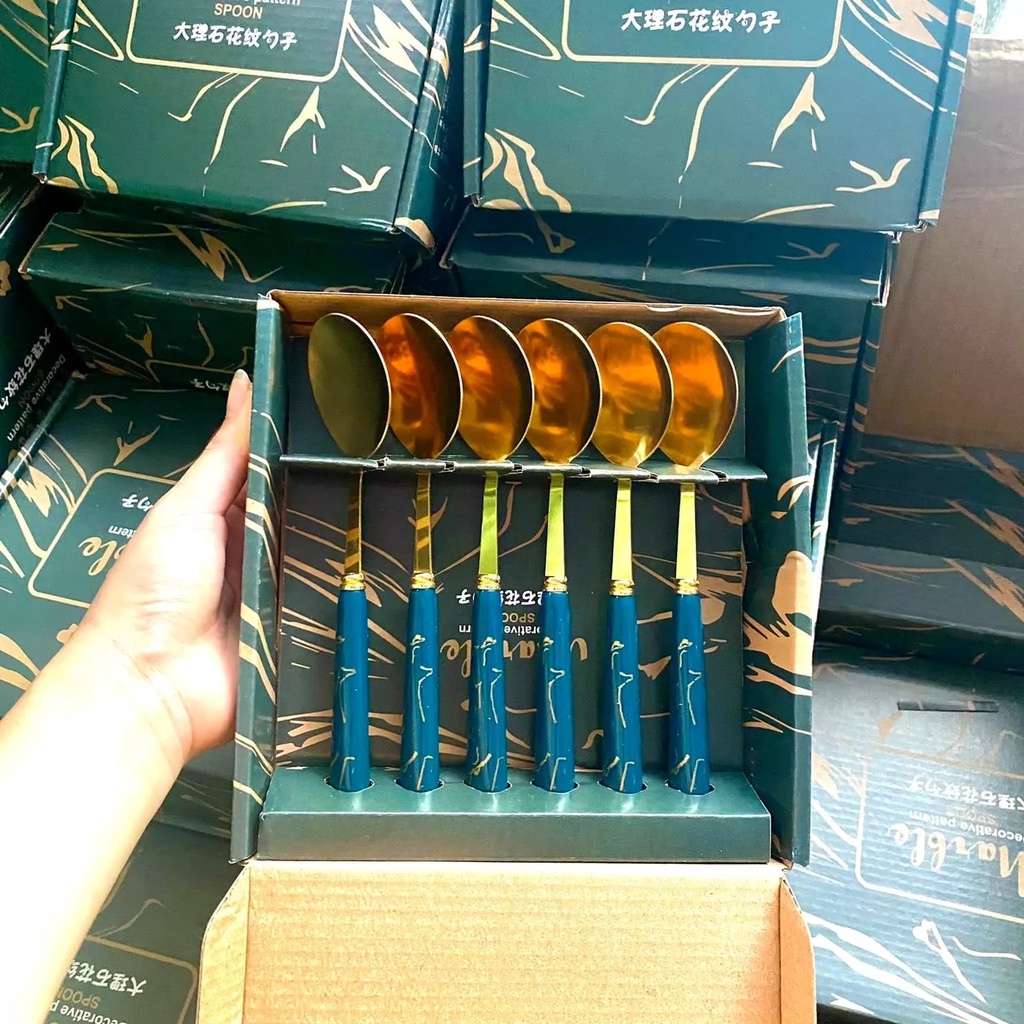 Hộp 6 chiếc thìa mạ vàng vân đá Marble sang trọng muỗng ăn decor trang trí bàn ăn