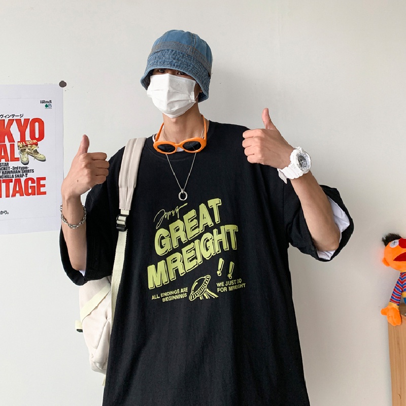 Áo thun tay ngắn cổ tròn dáng rộng in chữ phong cách Hàn Quốc size S-8XL cho nam