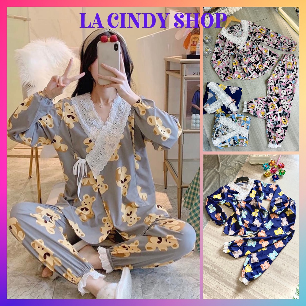 Đồ bộ nữ đồ mặc nhà đồ ngủ pijama nữ dài tay dây cột free size phong cách Nhật Bản chất Lụa cao cấp La Cindy PI02