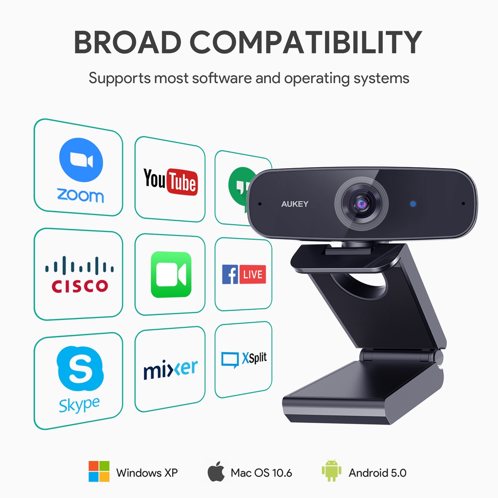 Webcam máy tính AUKEY PC-W3 Có 2 Mic Chống Ồn 1080P FHD 5m tự động lấy nét cho Windows XP / Mac OS 10.6 / Android