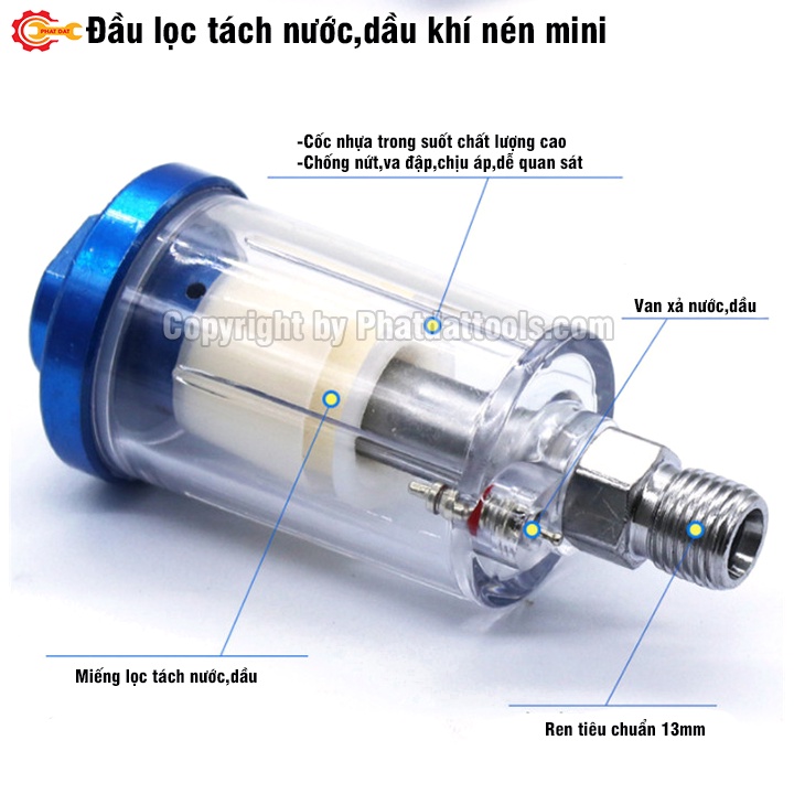 Đầu lọc,tách nước,dầu khí nén mini-Giúp bảo vệ,chống nước vào các thiết bị khí nén-Phụ kiện máy nén khí