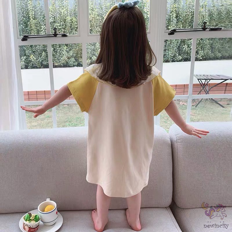 Đầm ngủ tay ngắn cổ bẻ in họa tiết hoạt hình đính nơ phối ren phong cách Hàn Quốc dễ thương cho bé gái