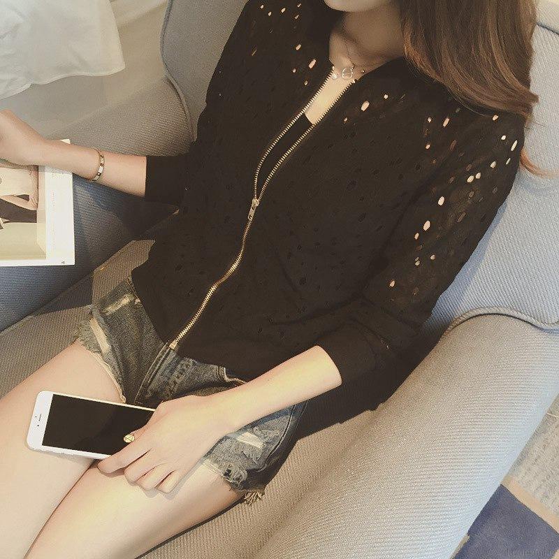 Áo khoác bomber mỏng thiết kế lỗ rỗng tay dài phối ren chống tia UV thời trang cho nữ