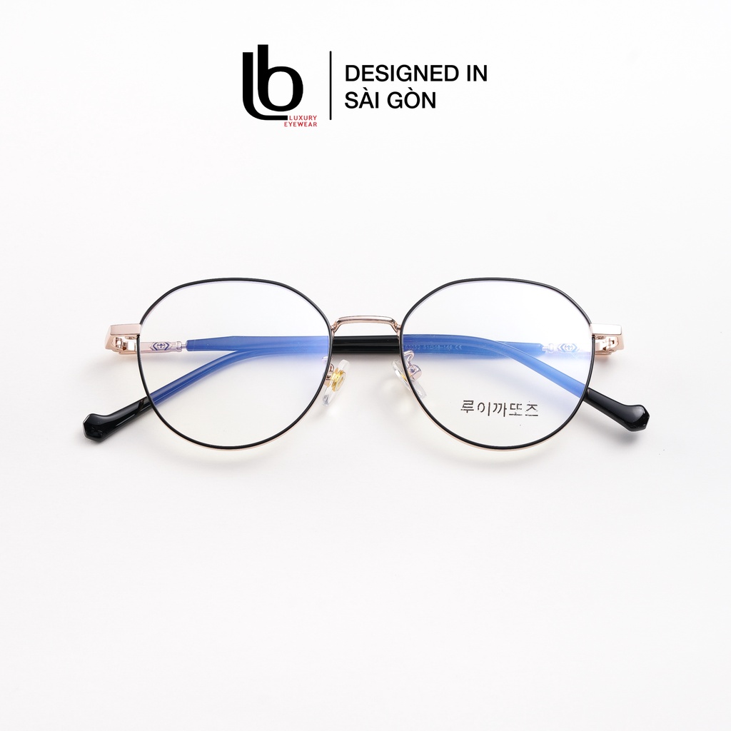 Gọng kính cận Tròn Bầu LB Eyewear Korea HQ63 052 - Kim loại phối nhựa - Vàng hồng (Rose gold) viền đen