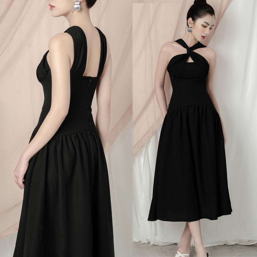 Đầm maxi đen đi dự tiệc cưới thiết kế cổ chéo, dáng xòe sang trọng - Siri