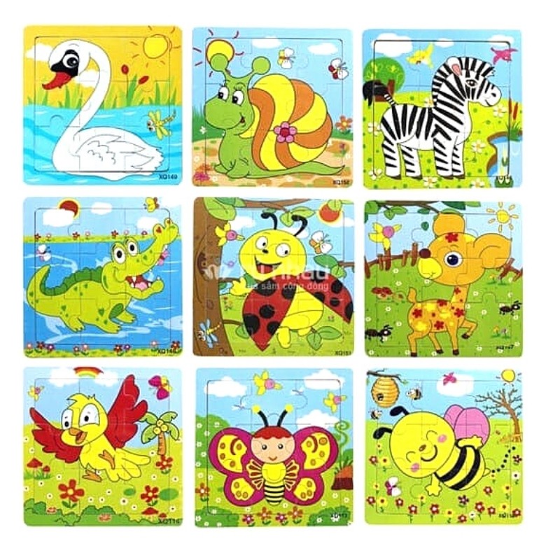 10 Tranh ghép hình Ghép hình gỗ puzzle 9 mảnh luyện sự nhanh tay, nhanh mắt cho trẻ